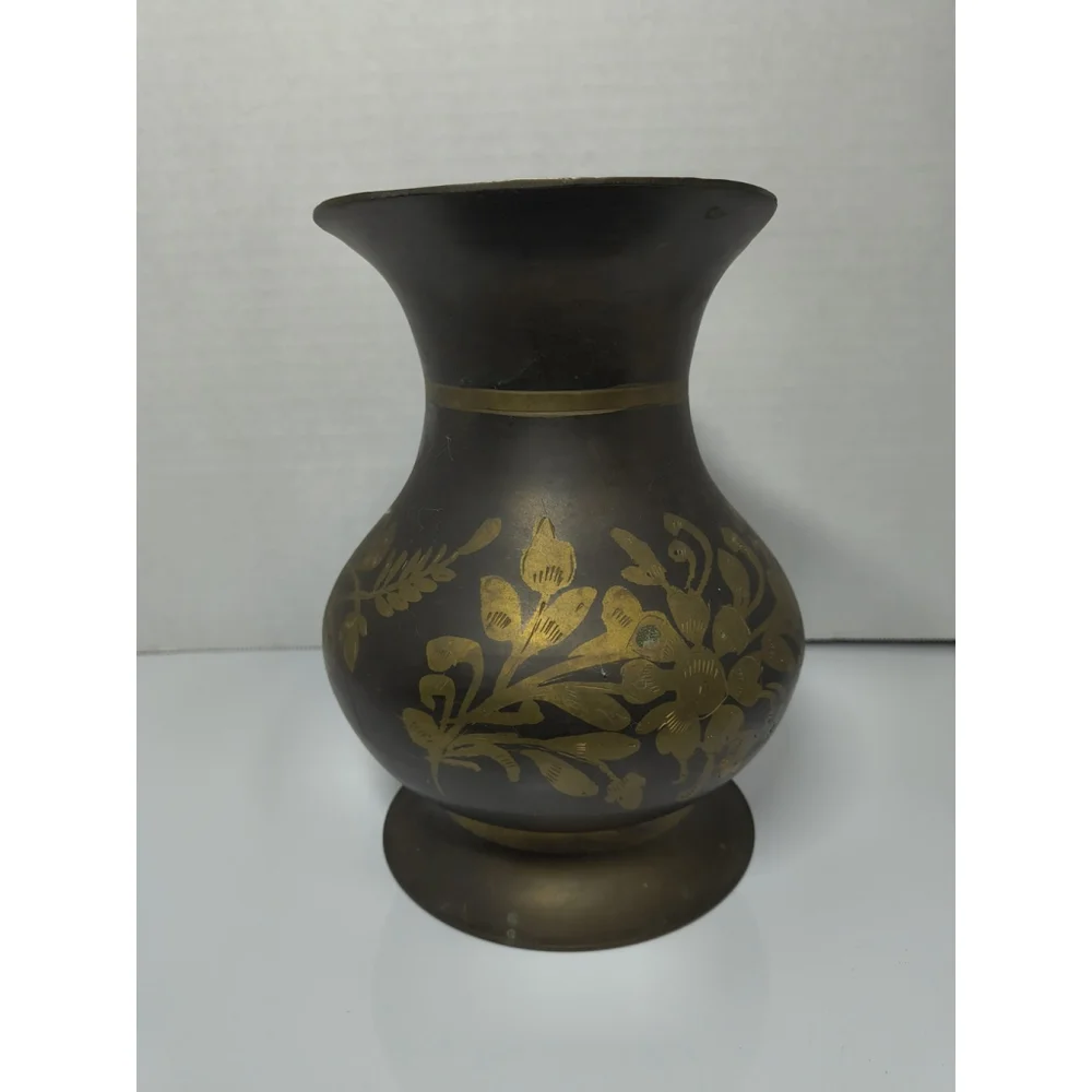 Vintage Two‎ Tone Brass Pitcher Ewer Etched Flower Floral Design Notched Handle